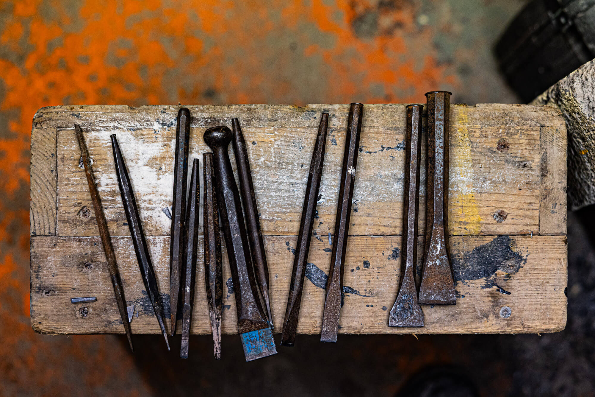 Handtools for working the hand cutting of stone at Fine Memorials Bridgwater workshop – stonemasons hand-carving headstones and memorials