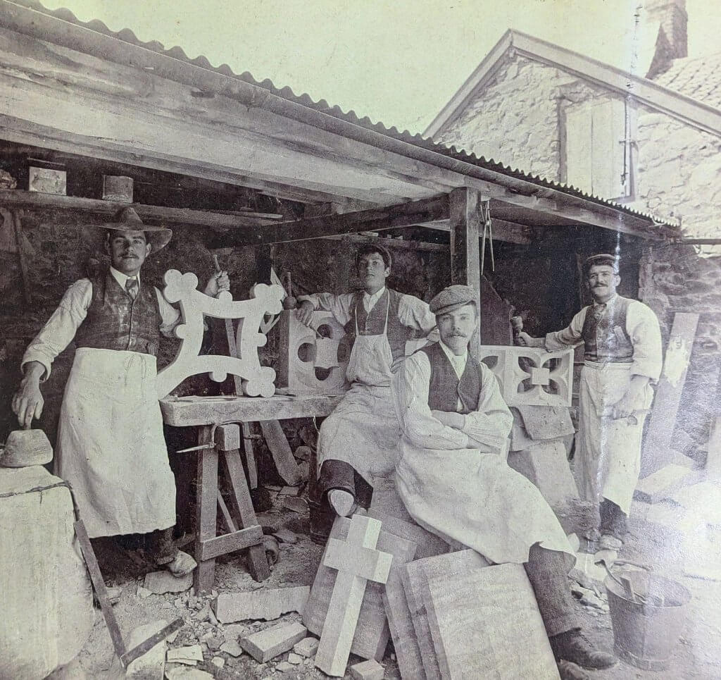 Workshop photograph at W. H. Fewings, 67 Bampton Street, TivertonThis photo dates from around 1925 - courtesy of Richard Grant - Fine Memorials Tiverton