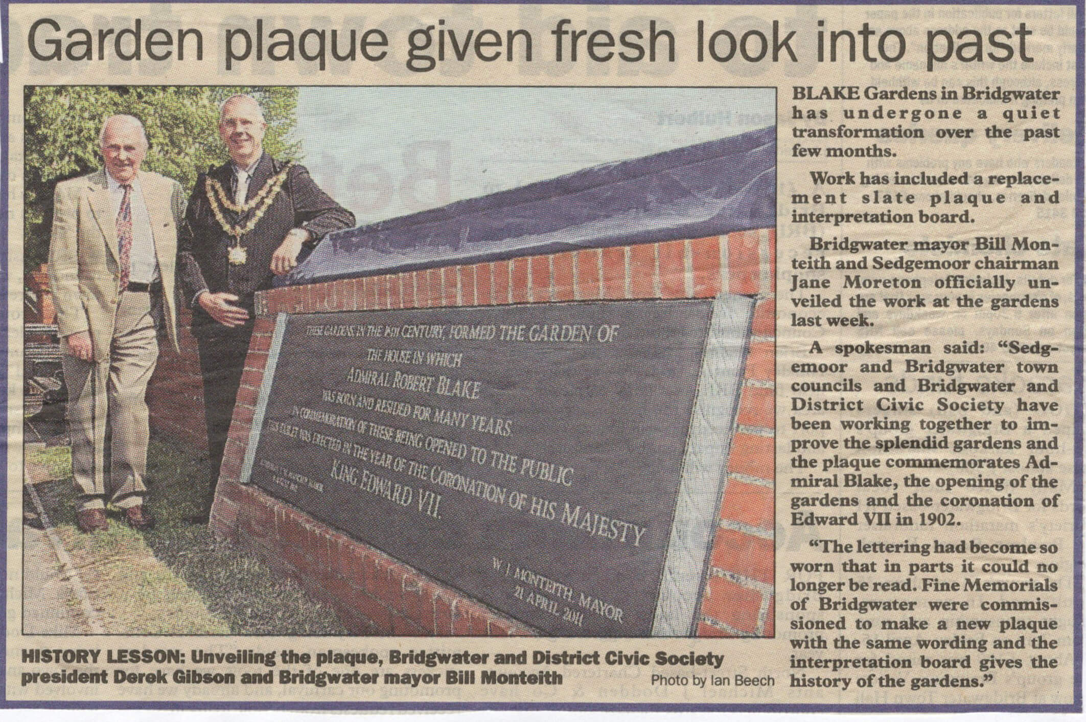 In 2011 Fine Memorials Bridgwater restored an historic plaque in Blake Gardens, Bridgwater.