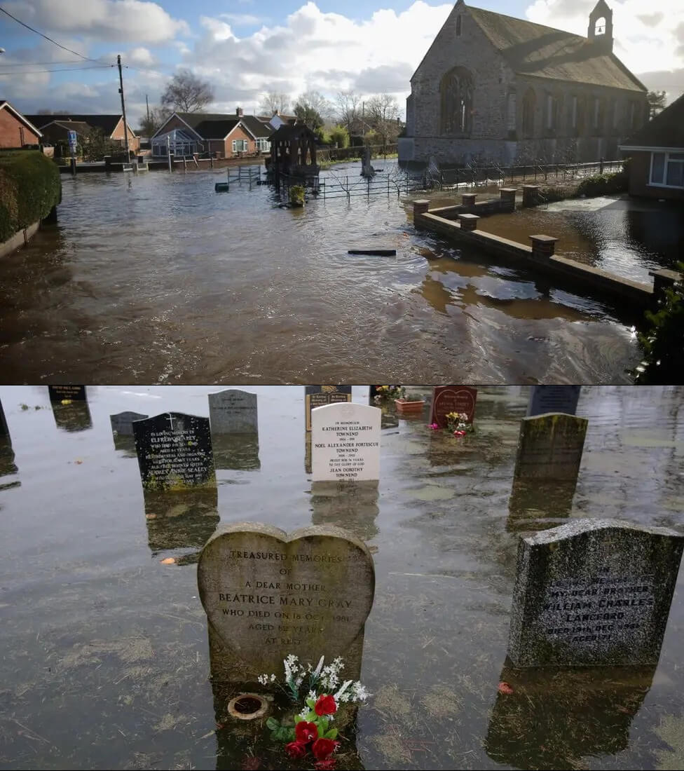 flooding at Moorland Church in 2013. Fine Memorials in Bridgwater helped restore the damaged headstones.