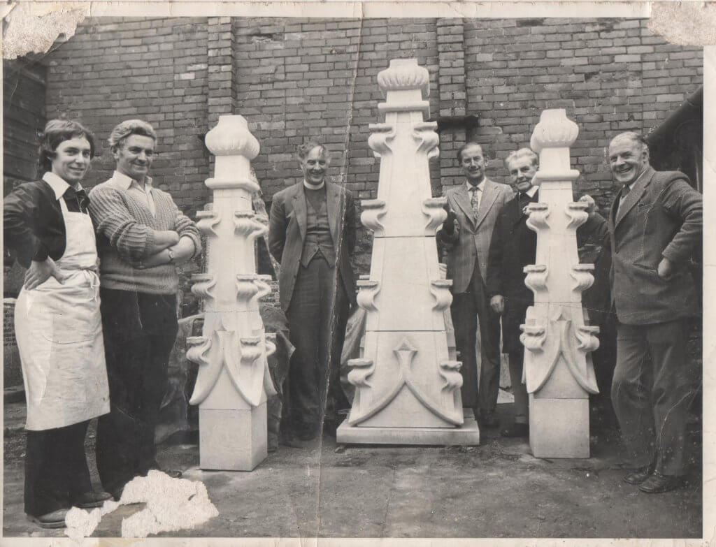 replacement pinnacles for St Peters Church Tiverton, made and fixed by Stan Hatcliffe, Frank Armstrong & Myself in 1978, hauled to the top of the tower by chain & pulley when Health & Safety was "just try it and see if it works"
