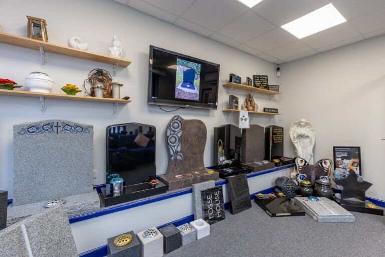 Inside Fine Memorials Bridgwater showroom on St Mary Street – selection of cremation memorials and plaques