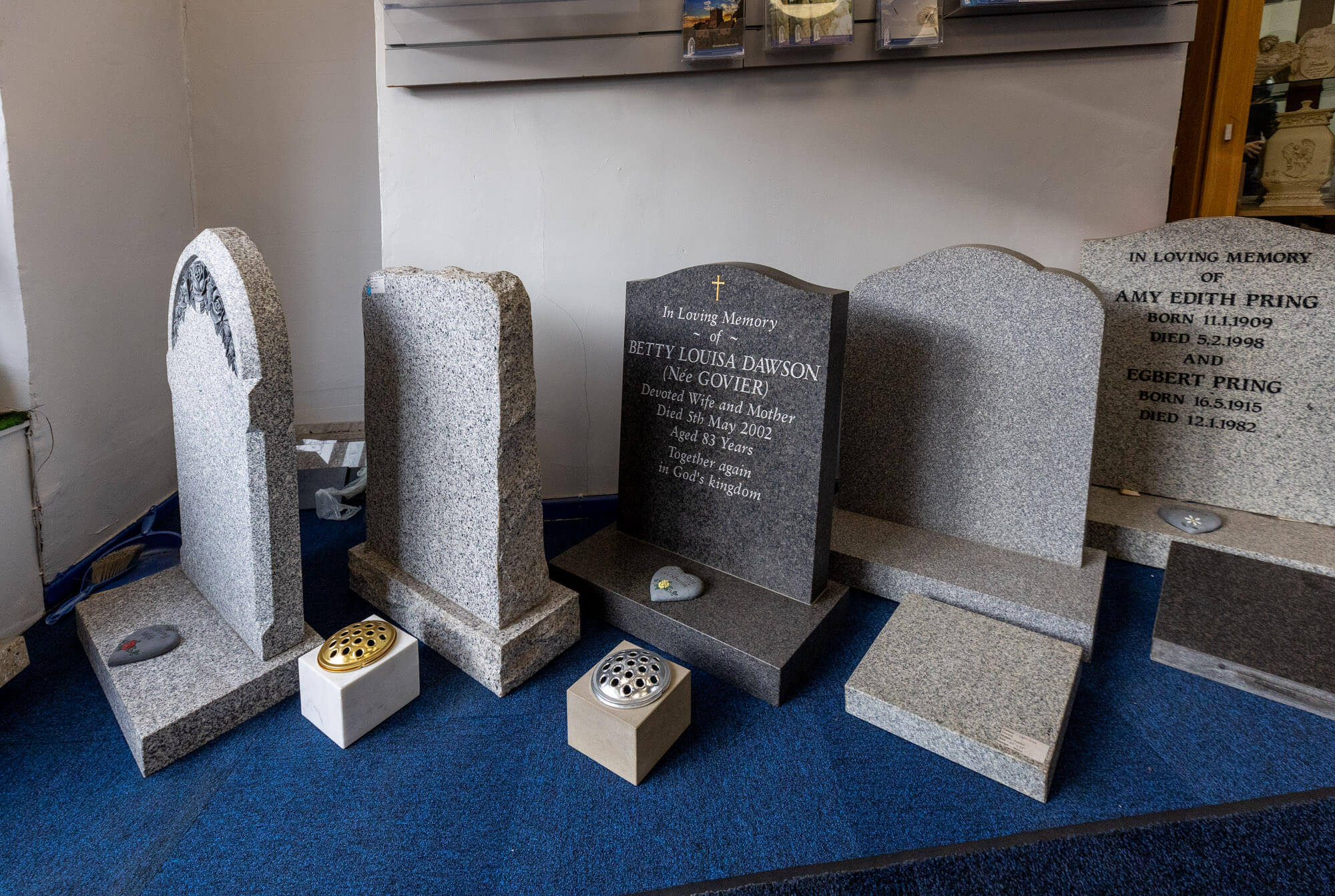 Exeter Fine Memorials memorial stone masons headstones, cremation memorials, showroom interior, 11 heavitree road in December 2024