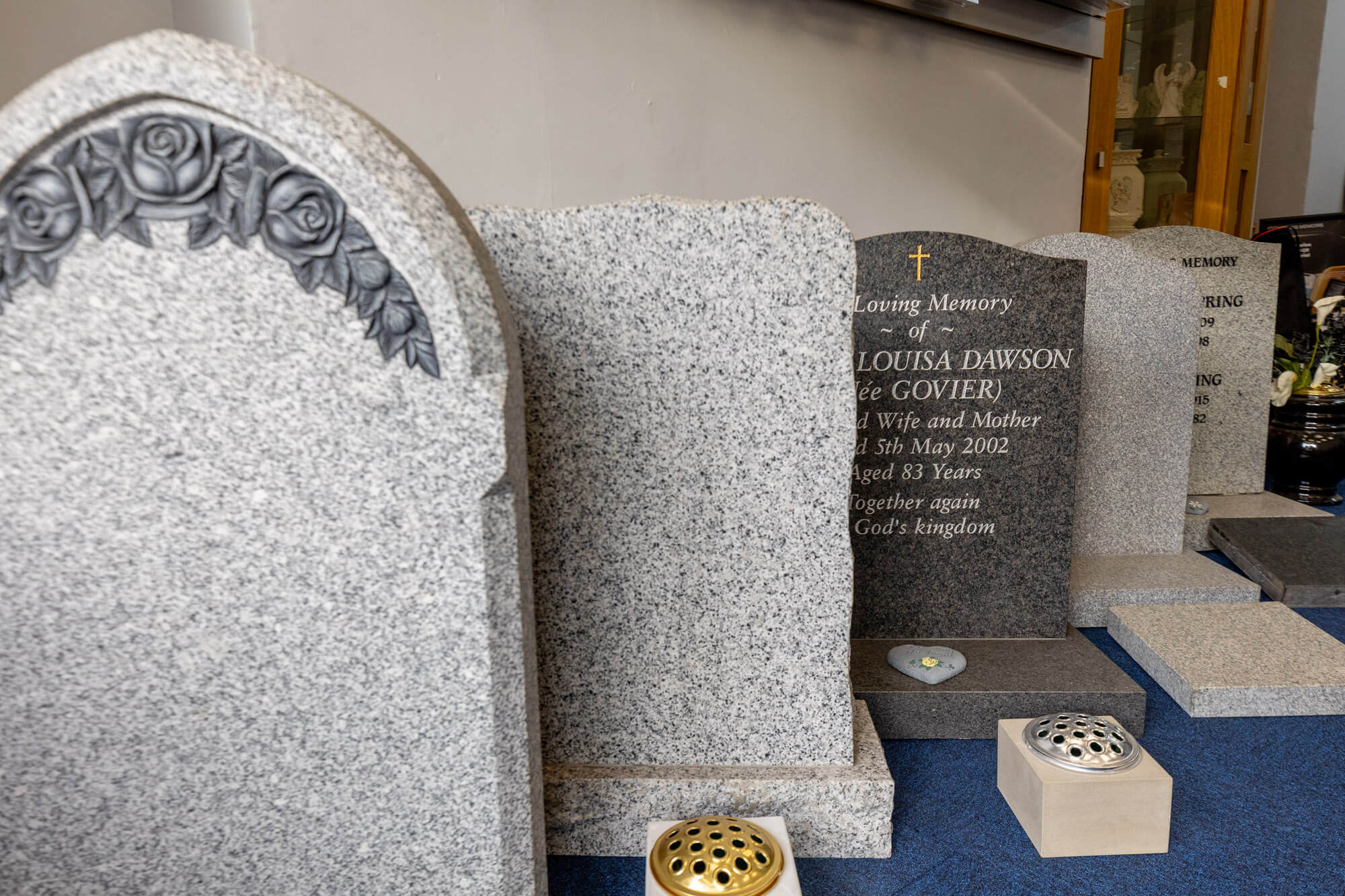 Exeter Fine Memorials memorial stone masons headstones, cremation memorials, showroom interior, 11 heavitree road in December 2024