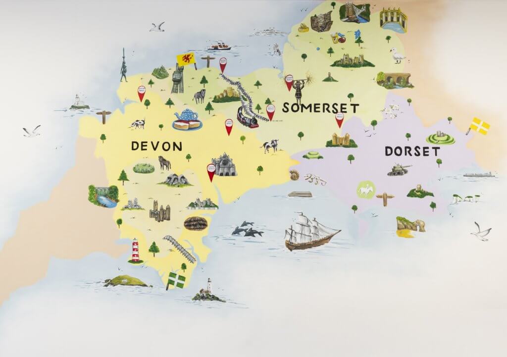 Map painted by our talented in House artist Kate show the southwest and all of Fine Memorials Branch Locations in Bridgwater, Taunton, Tiverton, Minehead, Barnstaple, Exeter & Yeovil